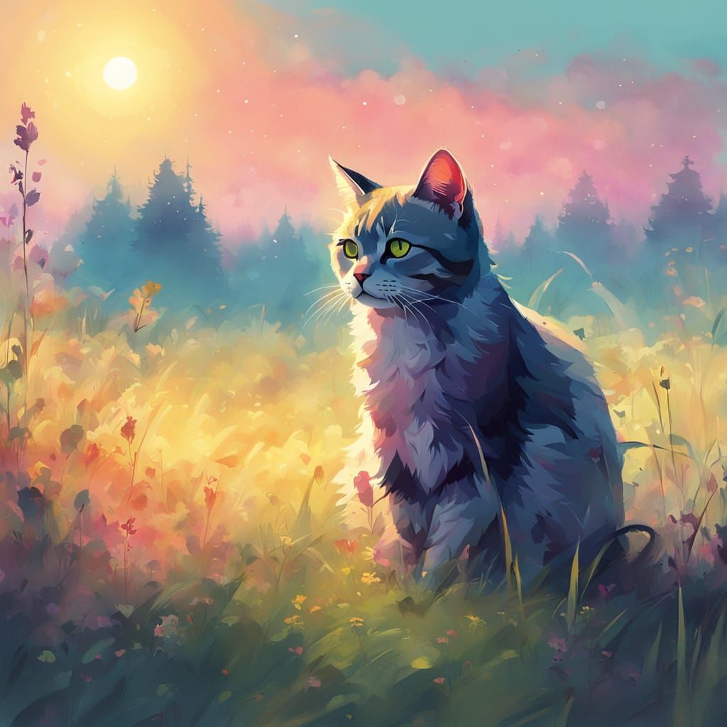 Cat in Meadow at Sunrise with Thick Oil Brushstrokes