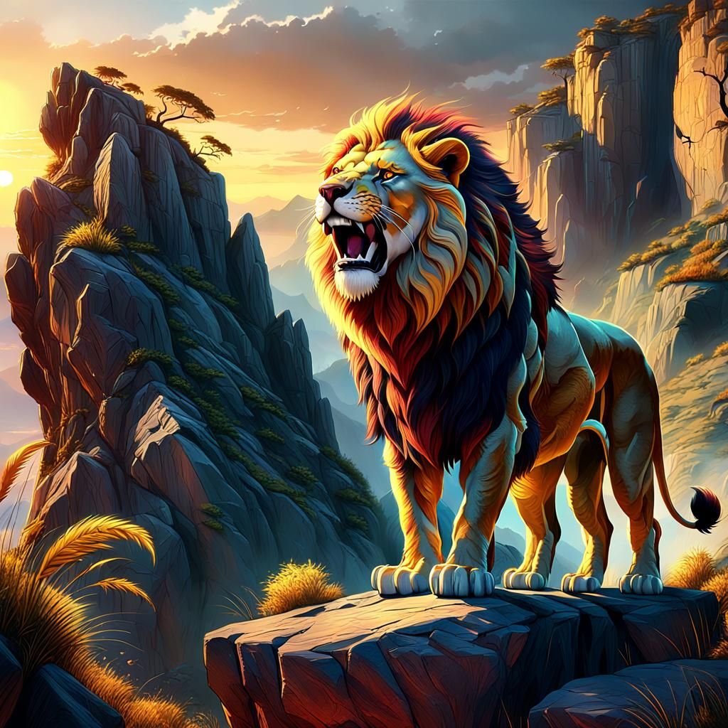 Lion Roaring at Sunrise: Fantasy Concept Art