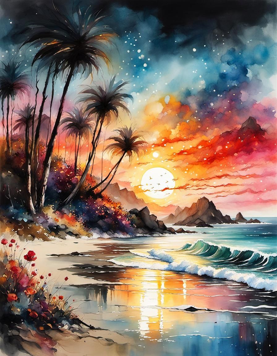 Epic Beach Sunset in Watercolor Style