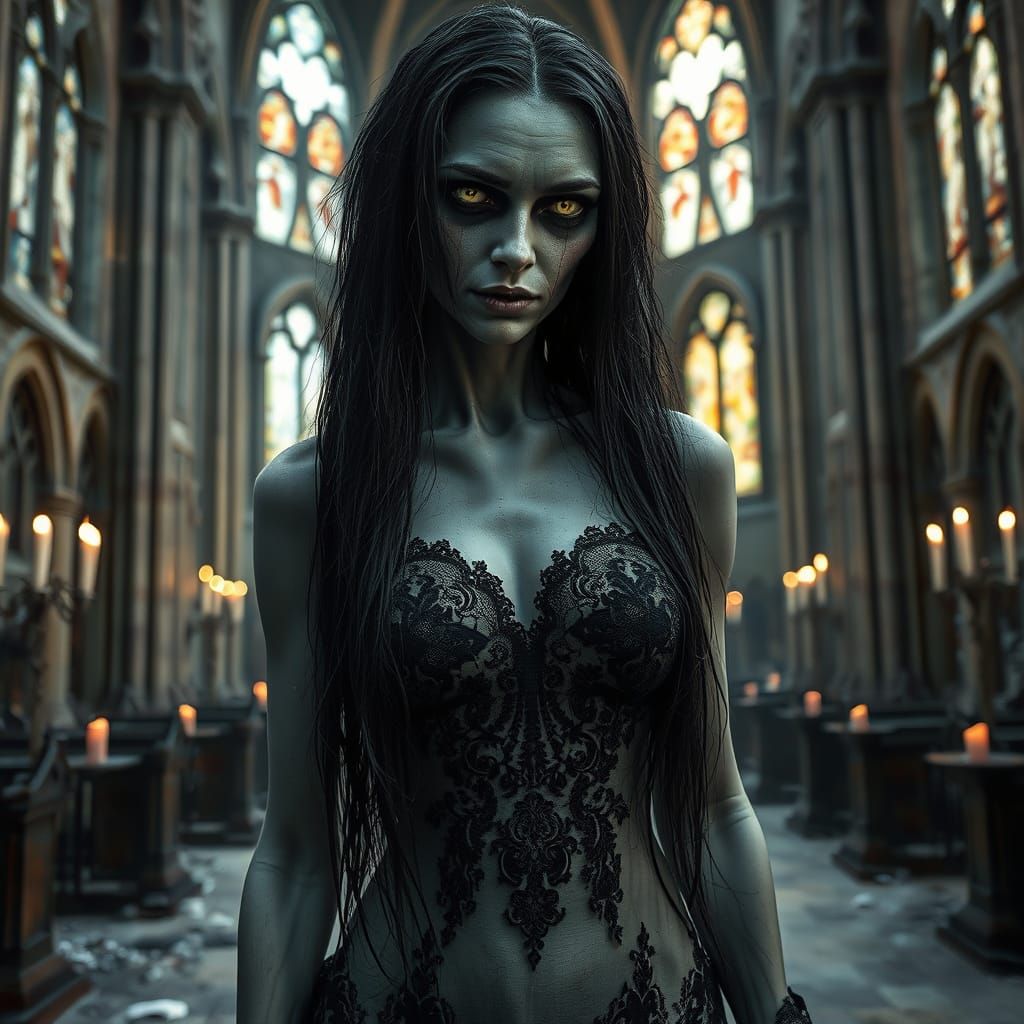 Ethereal Zombie in Derelict Cathedral: Gothic Horror
