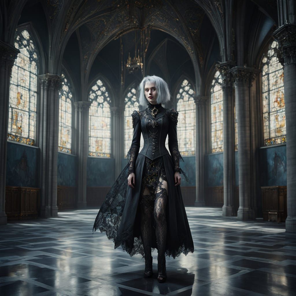 Ethereal East Asian Demoness in Gothic Cathedral