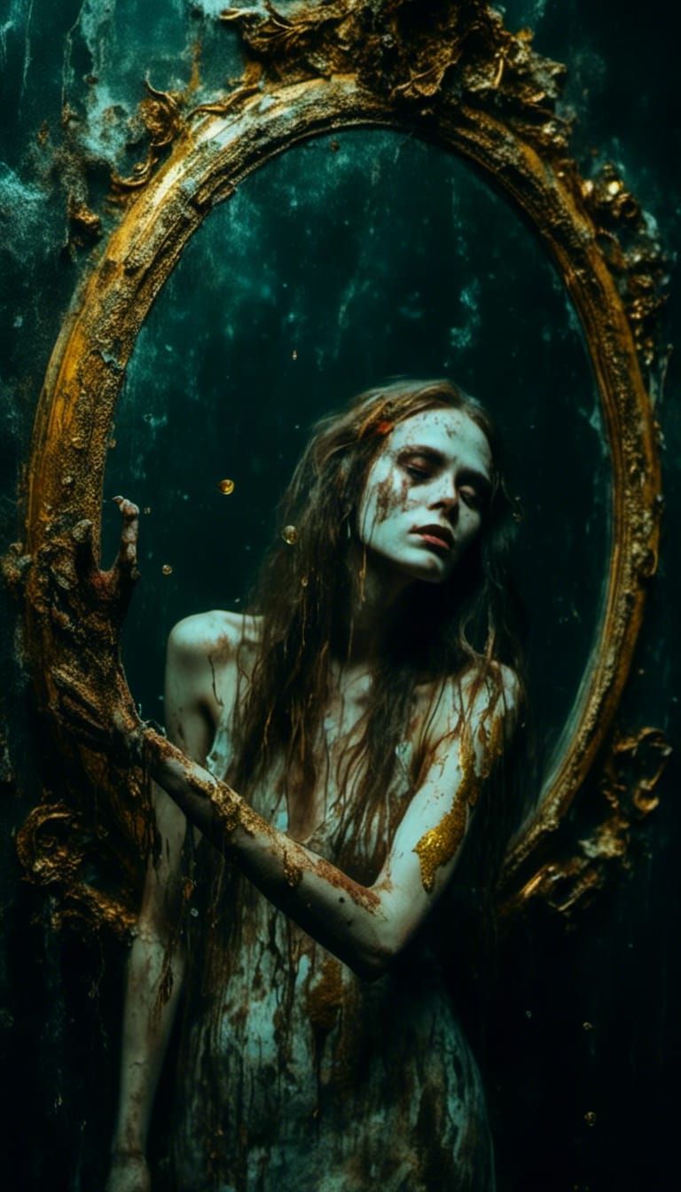 Macabre Mermaid's Reflection with Golden Tail