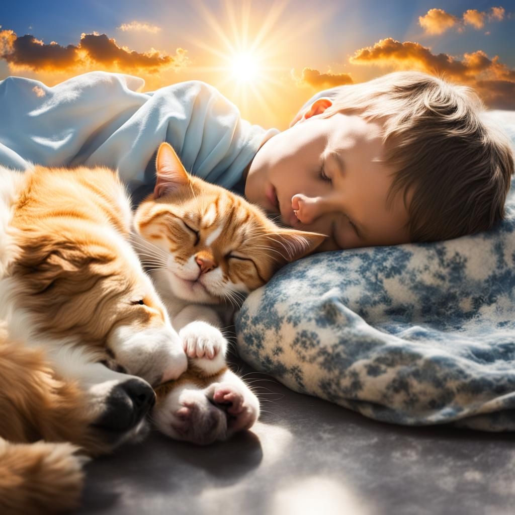 Peaceful Nap: Boy, Cat, and Dog in Divine Light