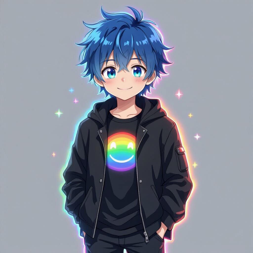 Anime Boy with Glowing Rainbow Accents