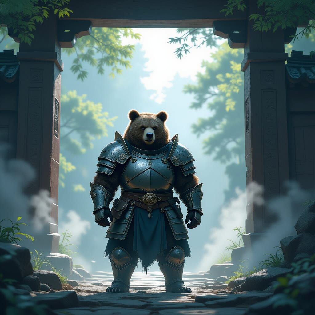 Armored Bear Guardian at Temple Entrance