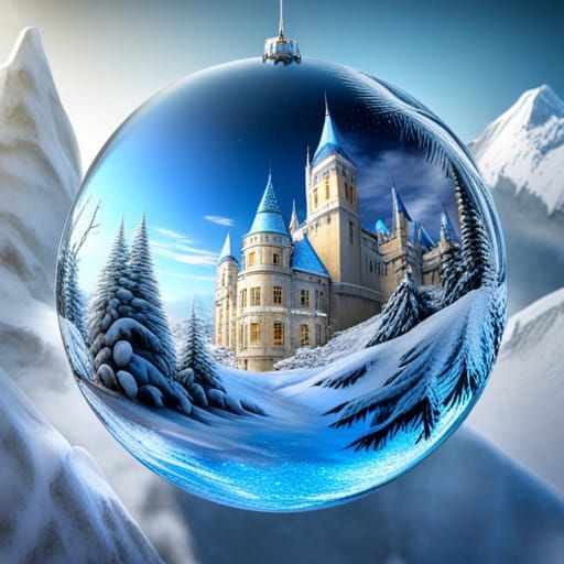 Snowy Castle in Glass Sphere, 3D Art