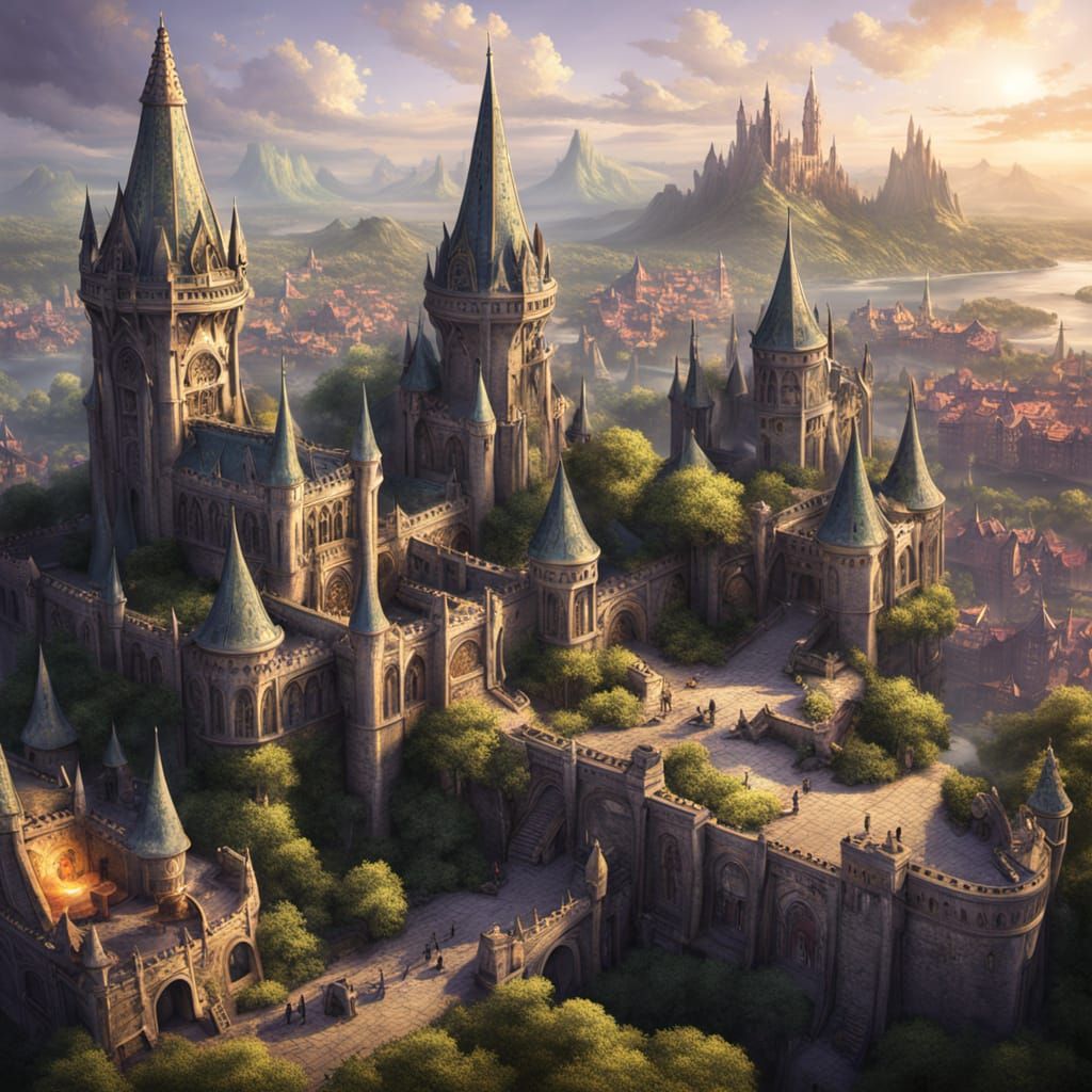 Elven Gothic City with Dragons in Golden Light