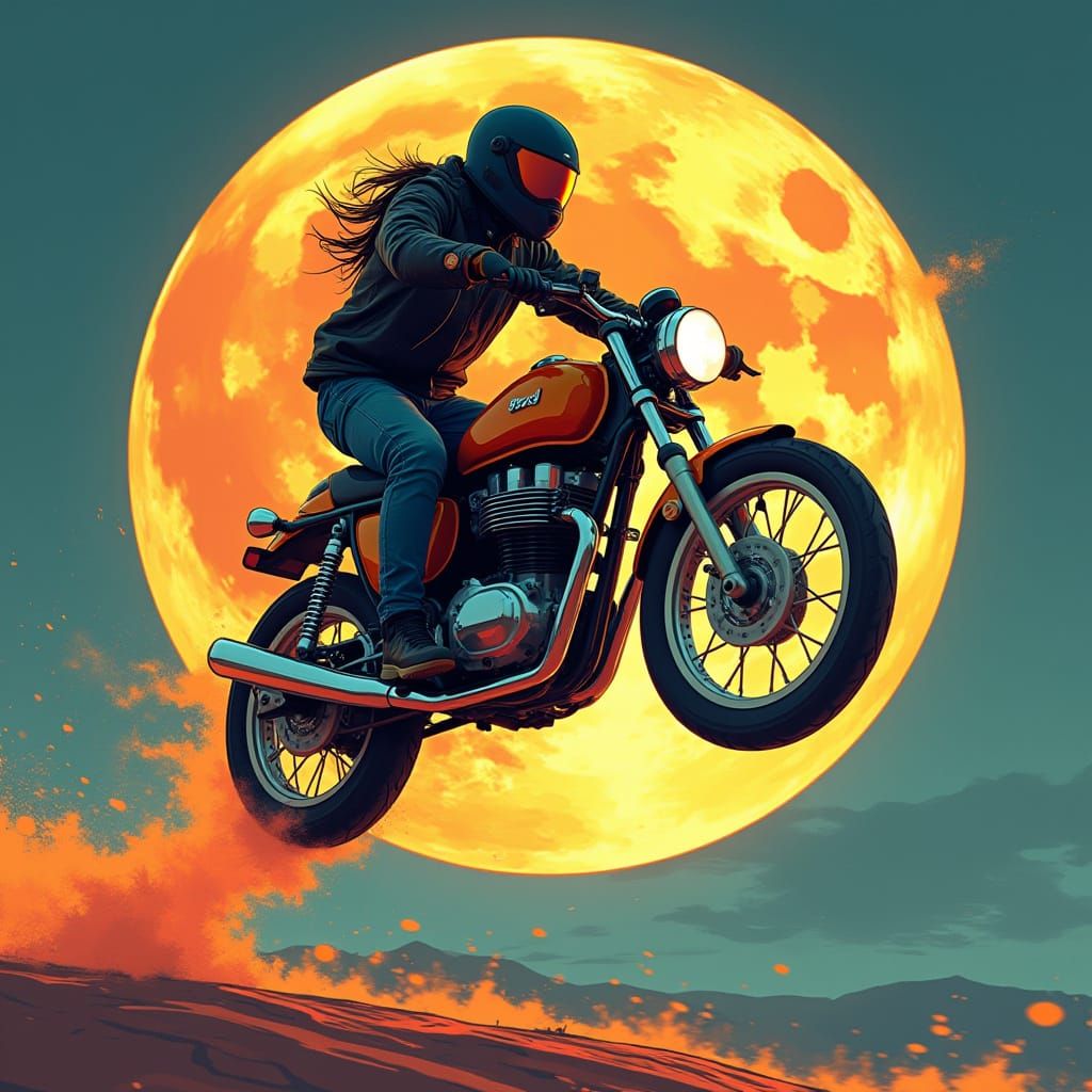 Biker Jumps Over Moon in Stylized Illustration