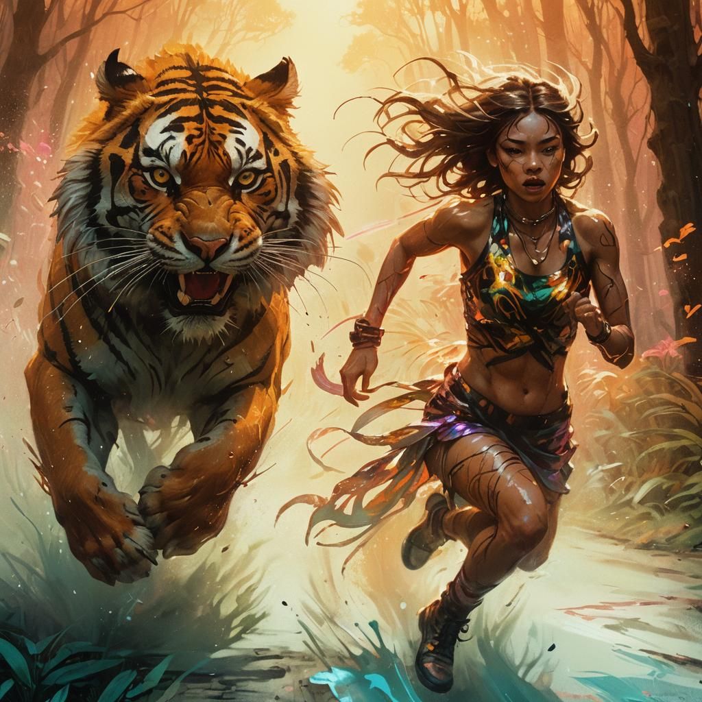 Girl Runs from Tiger in Pop-Surrealist Style