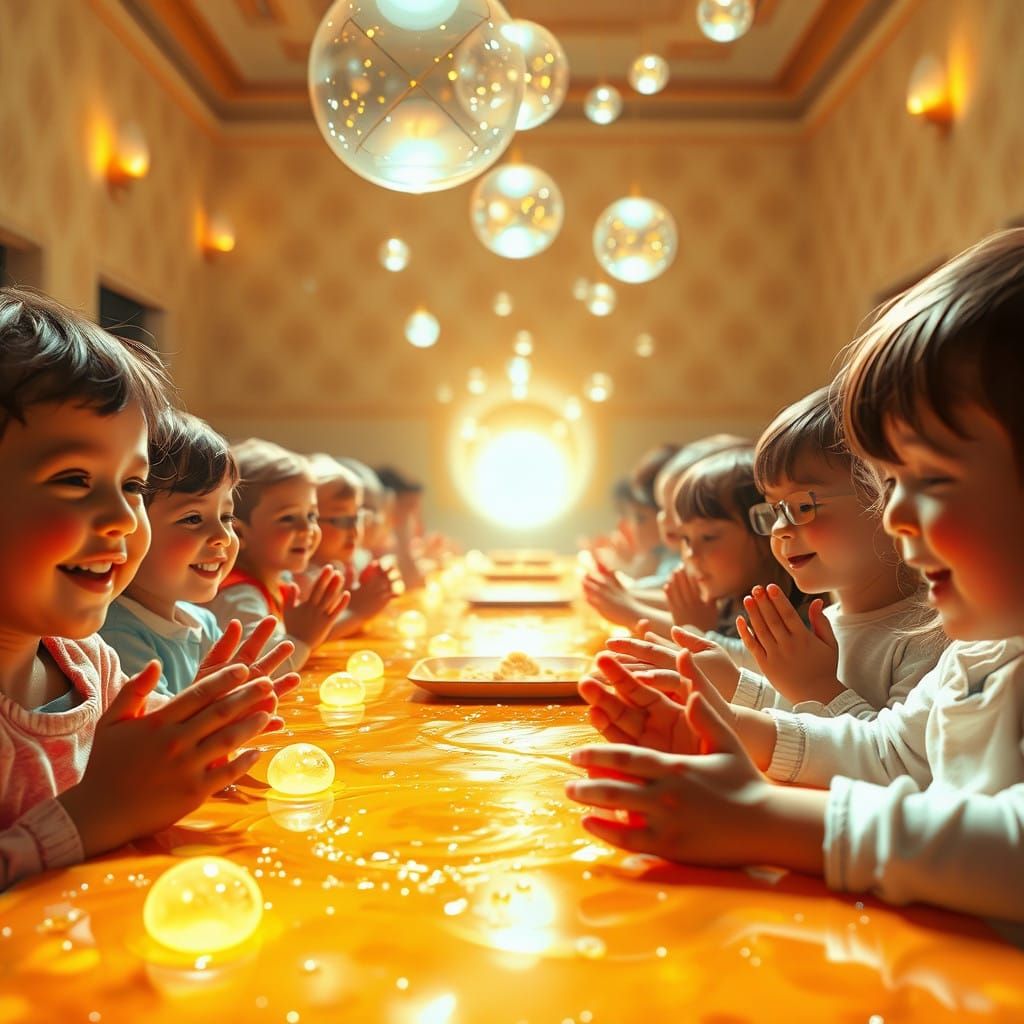 Whimsical Lunch Room Filled with Children in Prayer, Amidst...