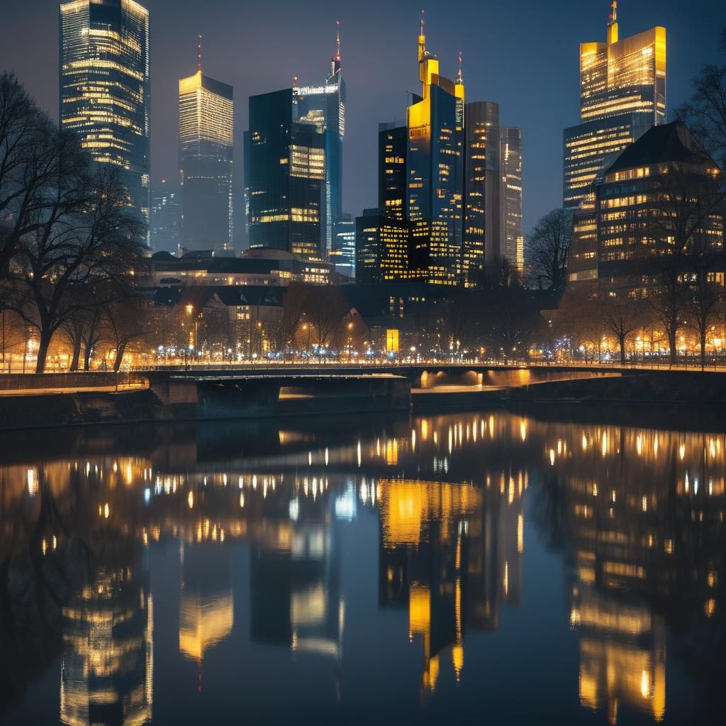 Frankfurt Cityscape at Night with River Reflections