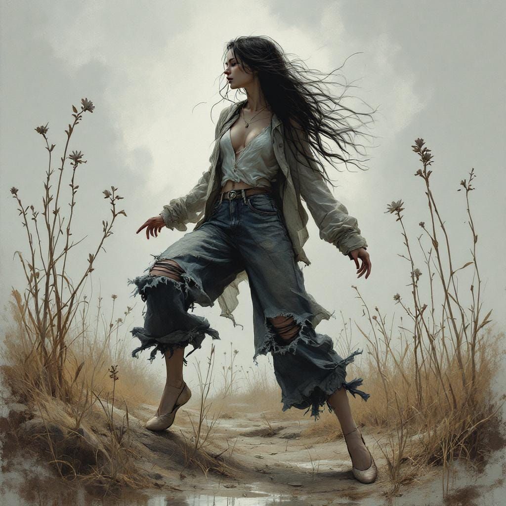Woman Dancing in Somber Grey Fantasy Art