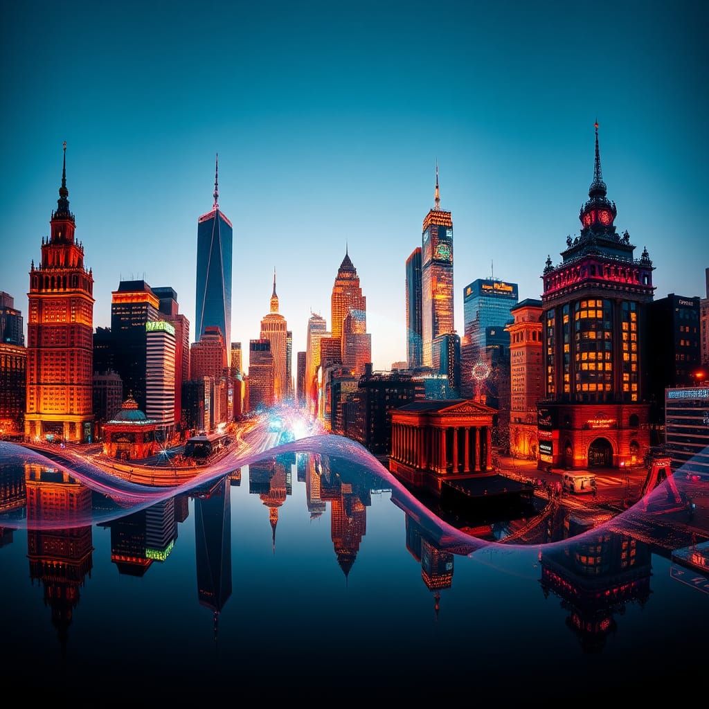 Colorful Cityscapes Distorted by Gravitational Waves