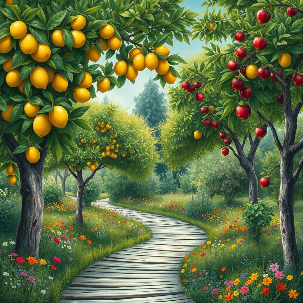 Lush Garden with Fruit Trees in Naive Art Style