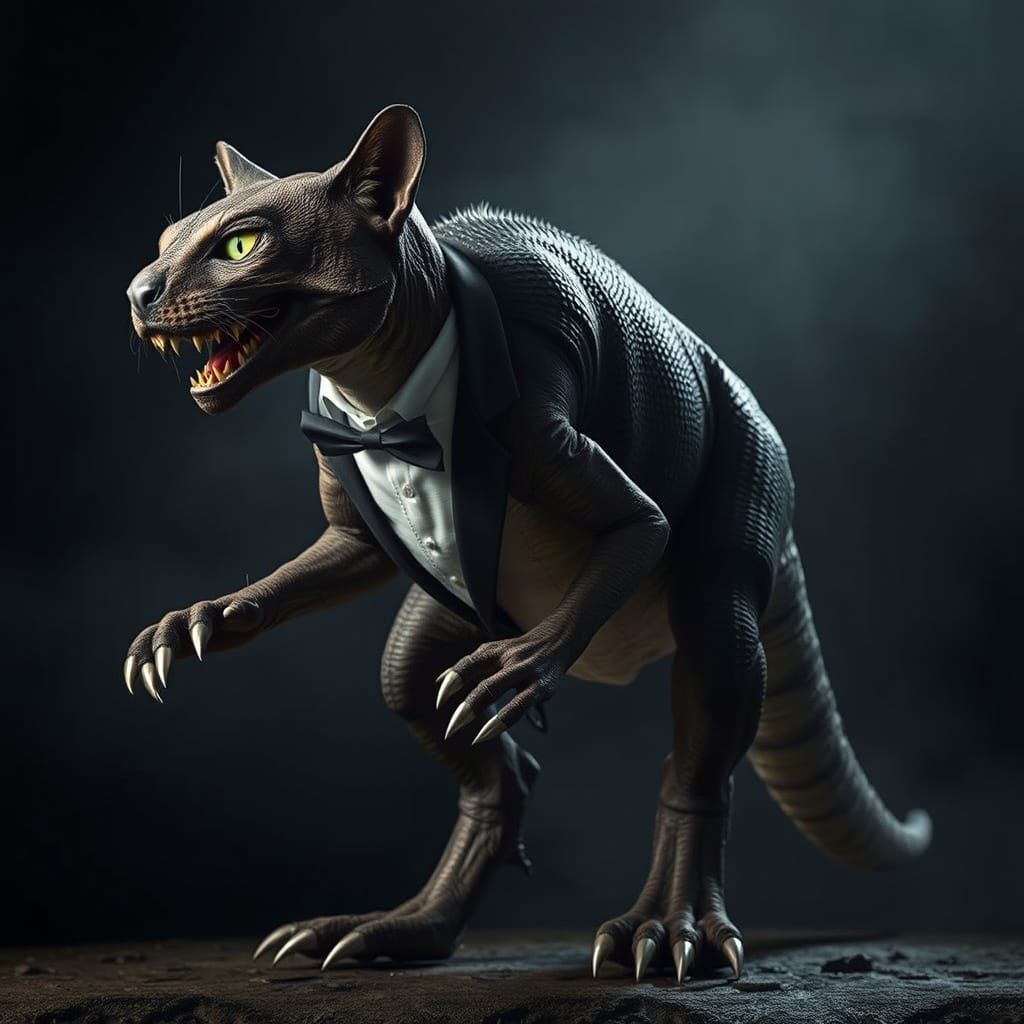 Majestic Tuxedo Cat-T-Rex Hybrid in Atmospheric Style