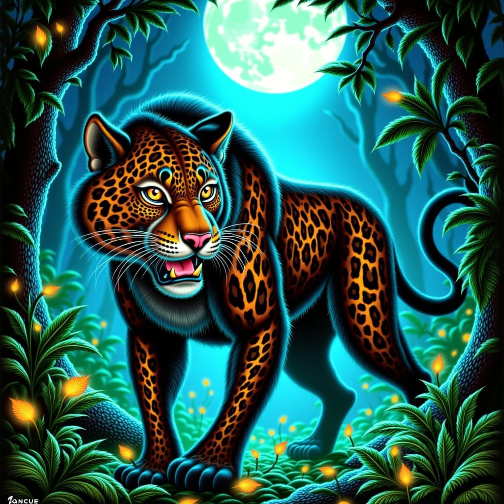 Majestic Jaguar in Moonlit Tribal Jungle