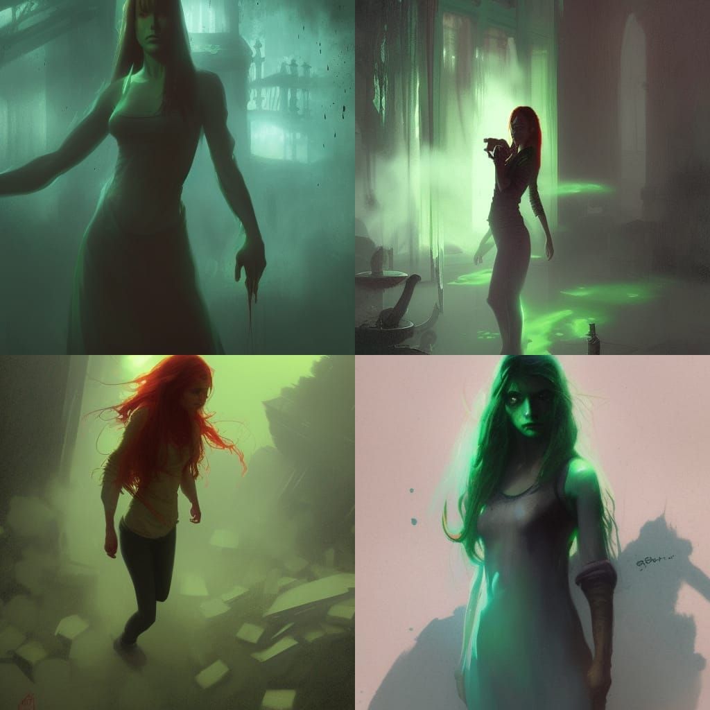 Redhead Girl Haunted by Lime Green Ghosts