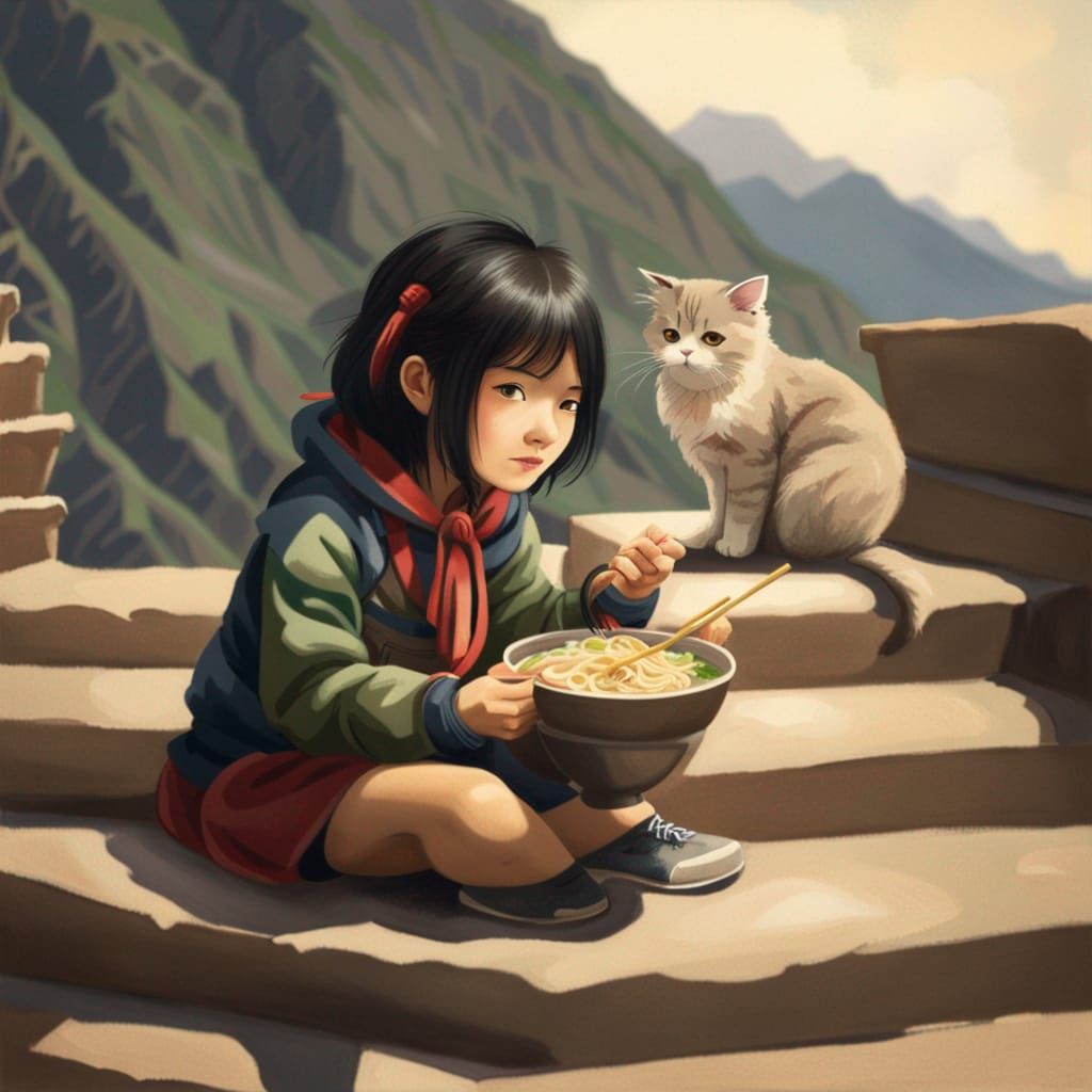 Woman Eating Noodles at Machu Picchu