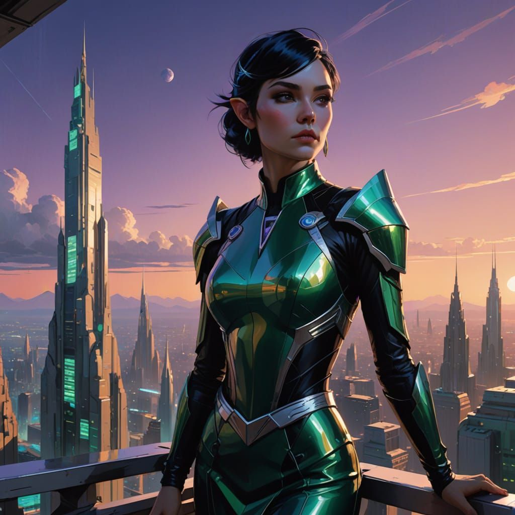 Ethereal Drow Goddess Ascends Futuristic Skies