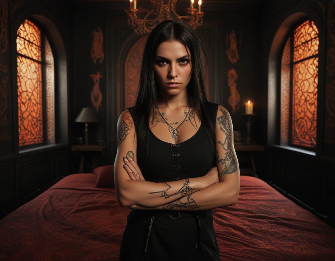 Young female assassin. with long straight dark brown hair, d...