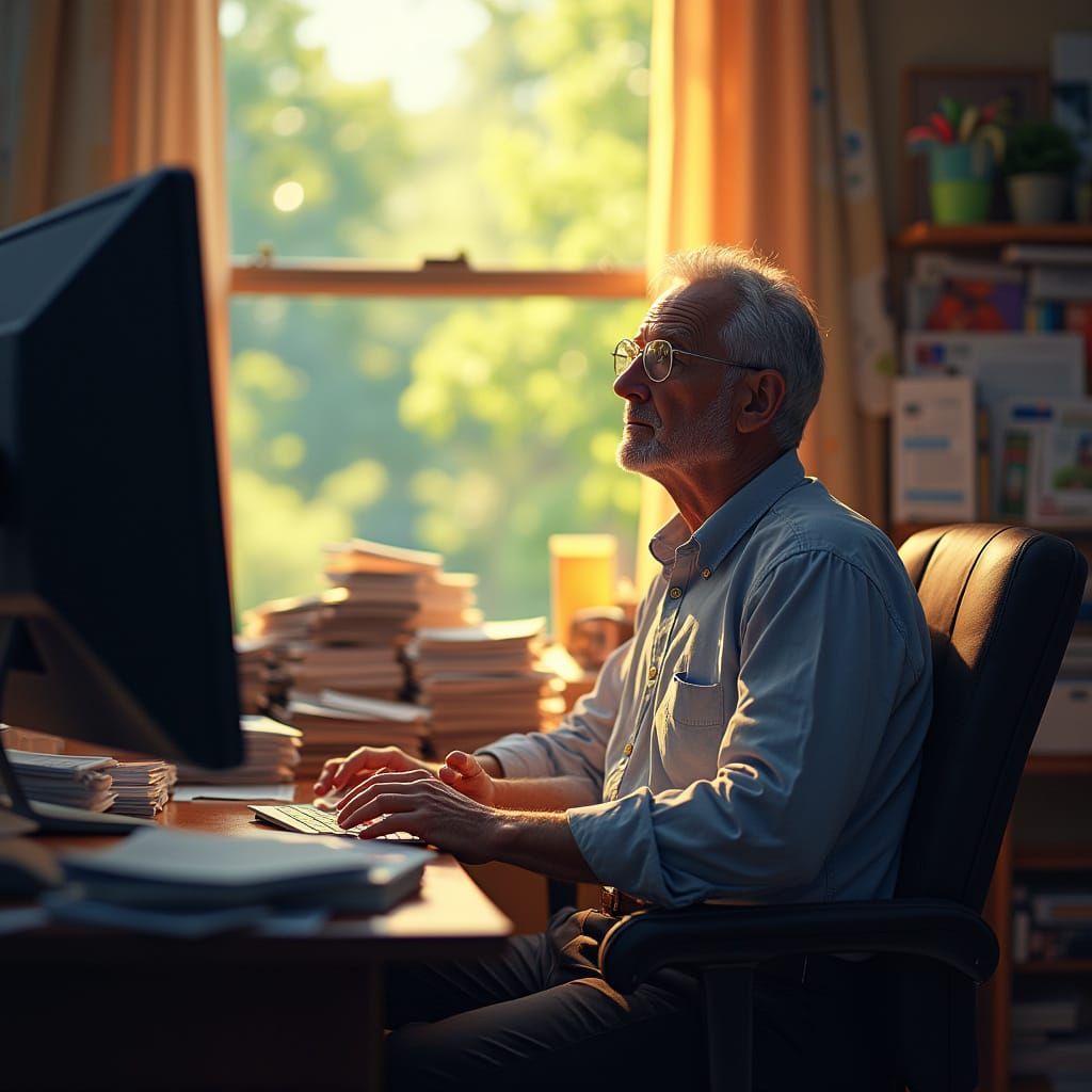 Hyperrealistic Man at Desk Gazing at Summer Day