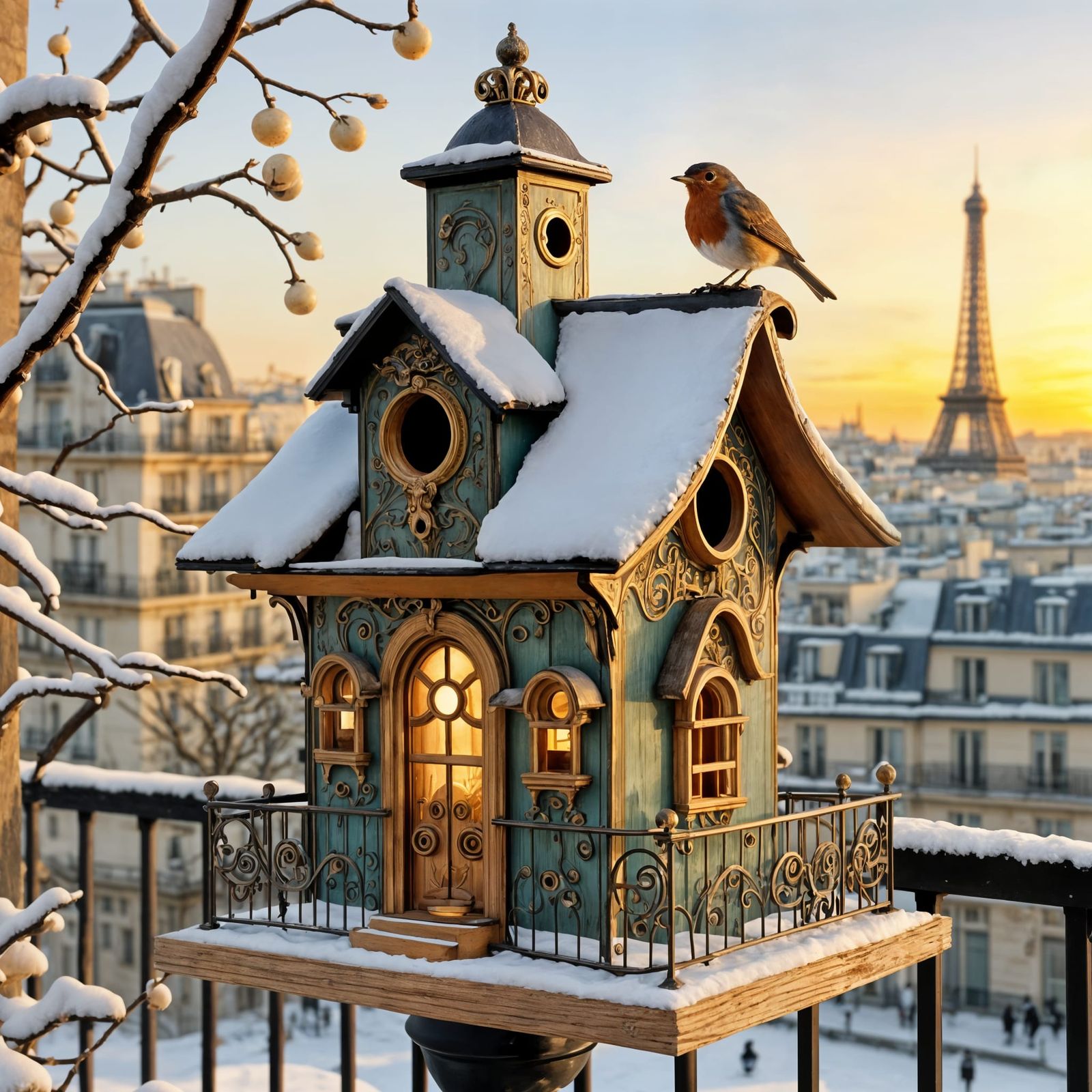 Elegant Belle Epoque Birdhouse with Robin in Paris