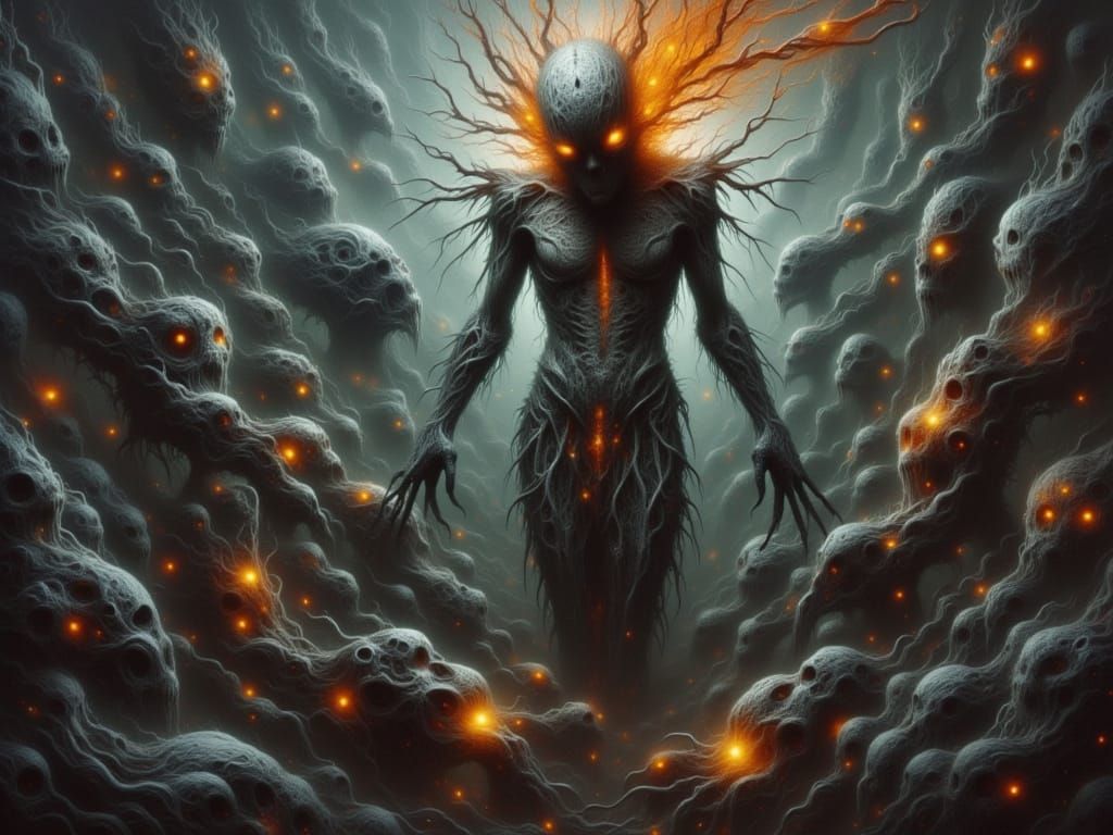 Overwhelmed Figure in Surrealist Horror Landscape