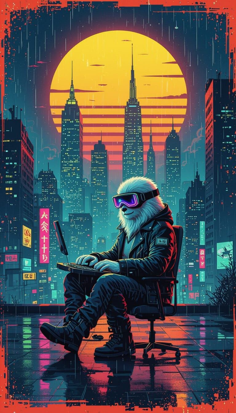 Coding Yeti in Cyberpunk Cityscape