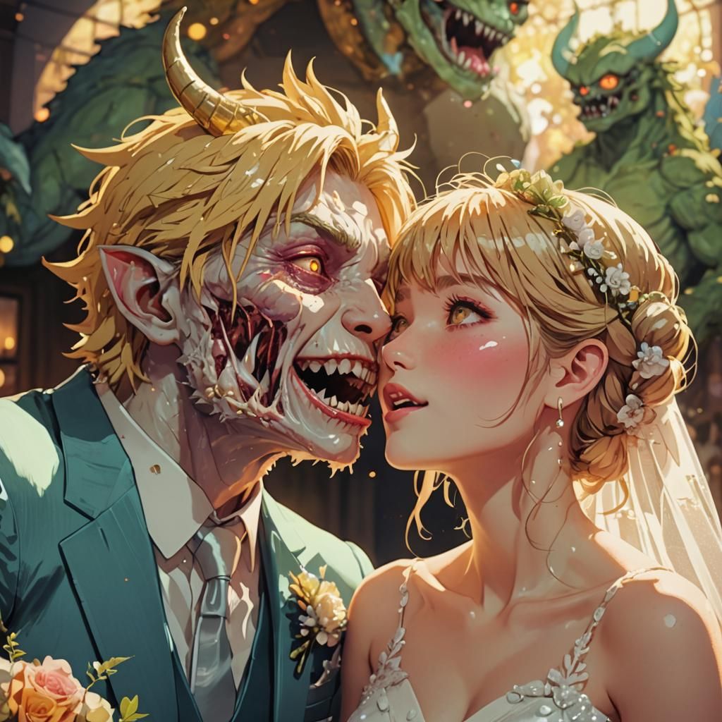 Cute Monster Kisses Bride in Anime Style