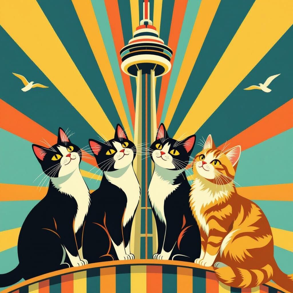 Cats Climb CN Tower in Stylized Art Deco Illustration