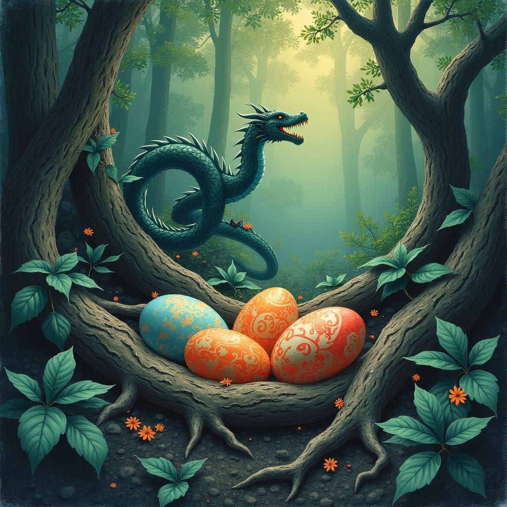 Serpentine Dragon Guarding Iridescent Eggs, Art Nouveau Styl...