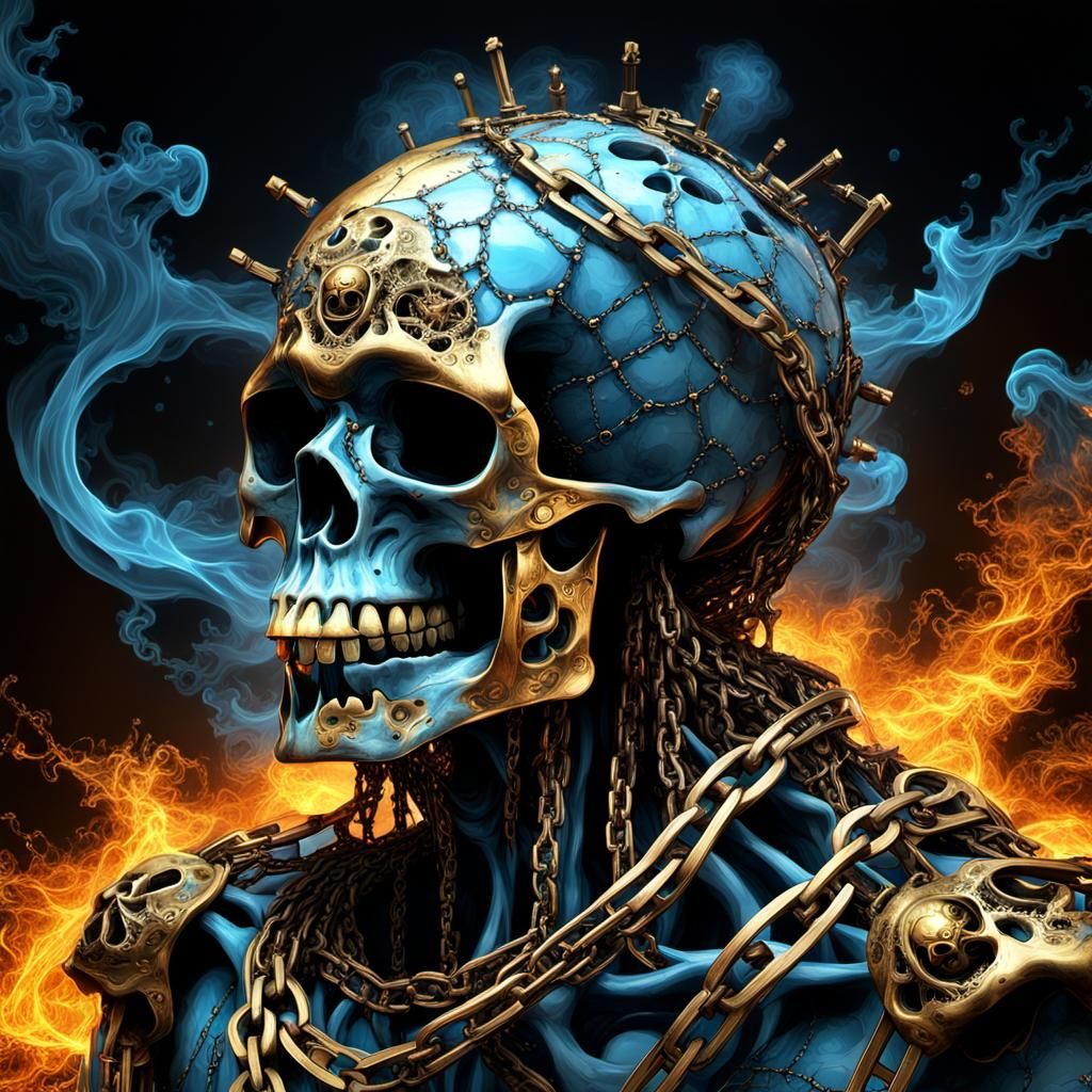 Fractal Brass Skull in Surreal Digital Art