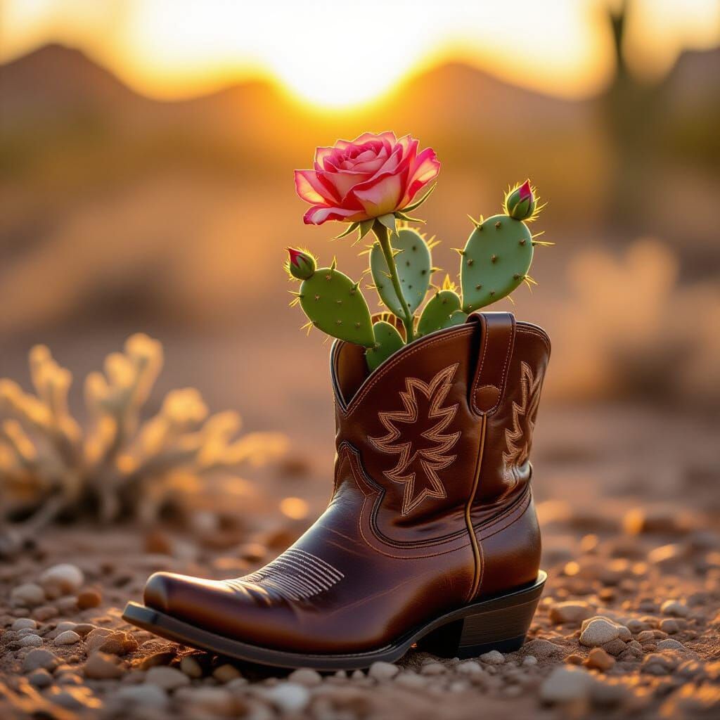 Cactus Rose Growing From Cowboy Boot in Desert
