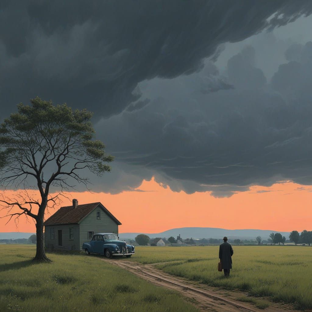 Tormented Figure in Desolate Countryside Landscape