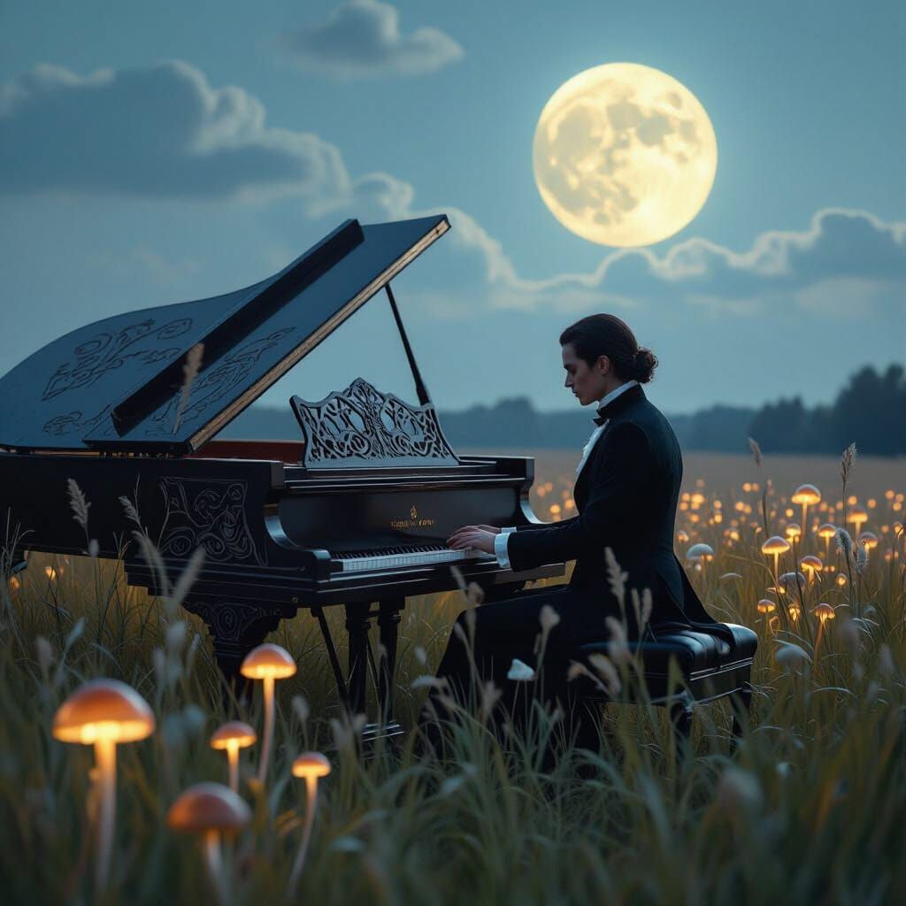 Ethereal Moonlit Piano in Grassy Field