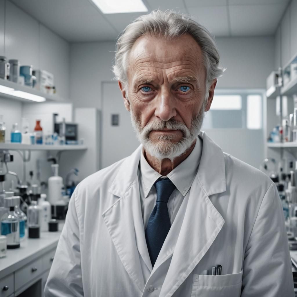 Photorealistic Old Man with Blue Eyes in Lab