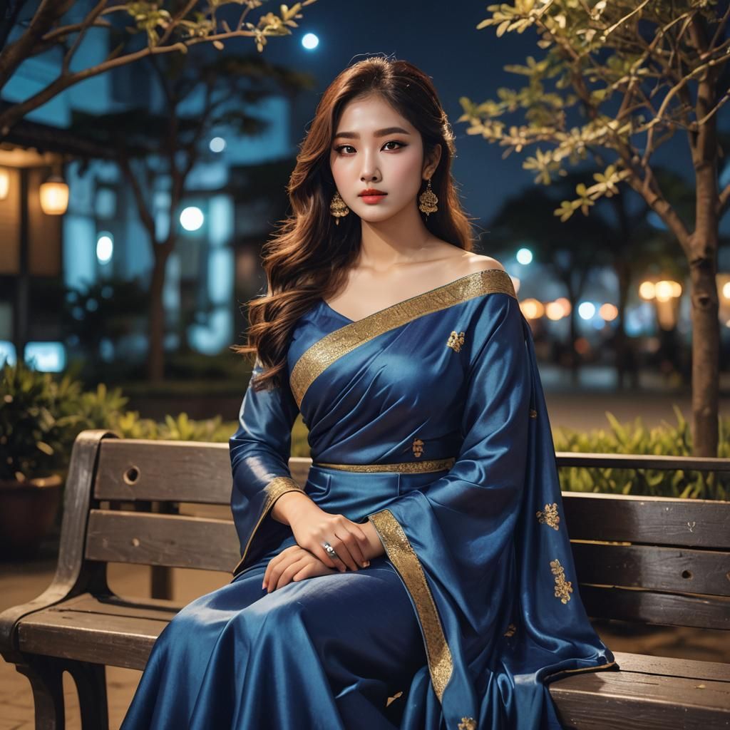 Stunning Korean Woman in Blue Saree at Night