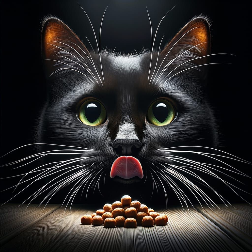 Black Cat Licking Lips at Treats