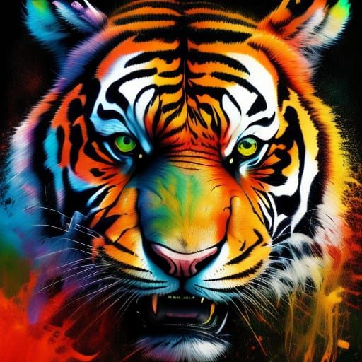 Vibrant Tiger Runs in Misty Forest: Spray Paint Art