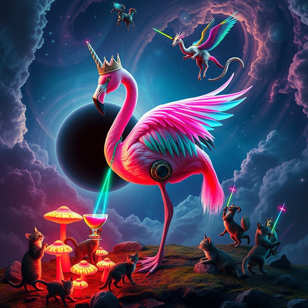 Galactic Flamingo Wears Ancient Greek Crown, Surrounded by S...