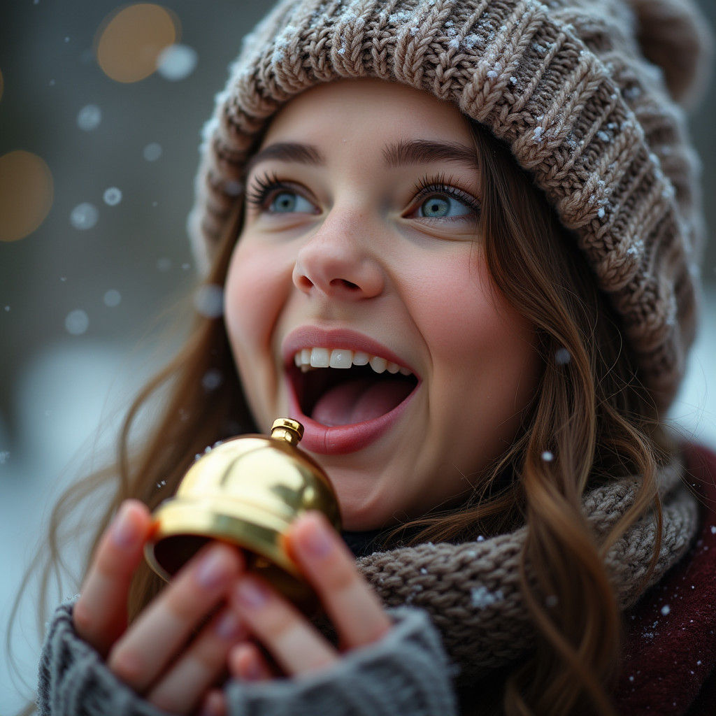 Joyful Woman with Holiday Bell in Winter Portrait