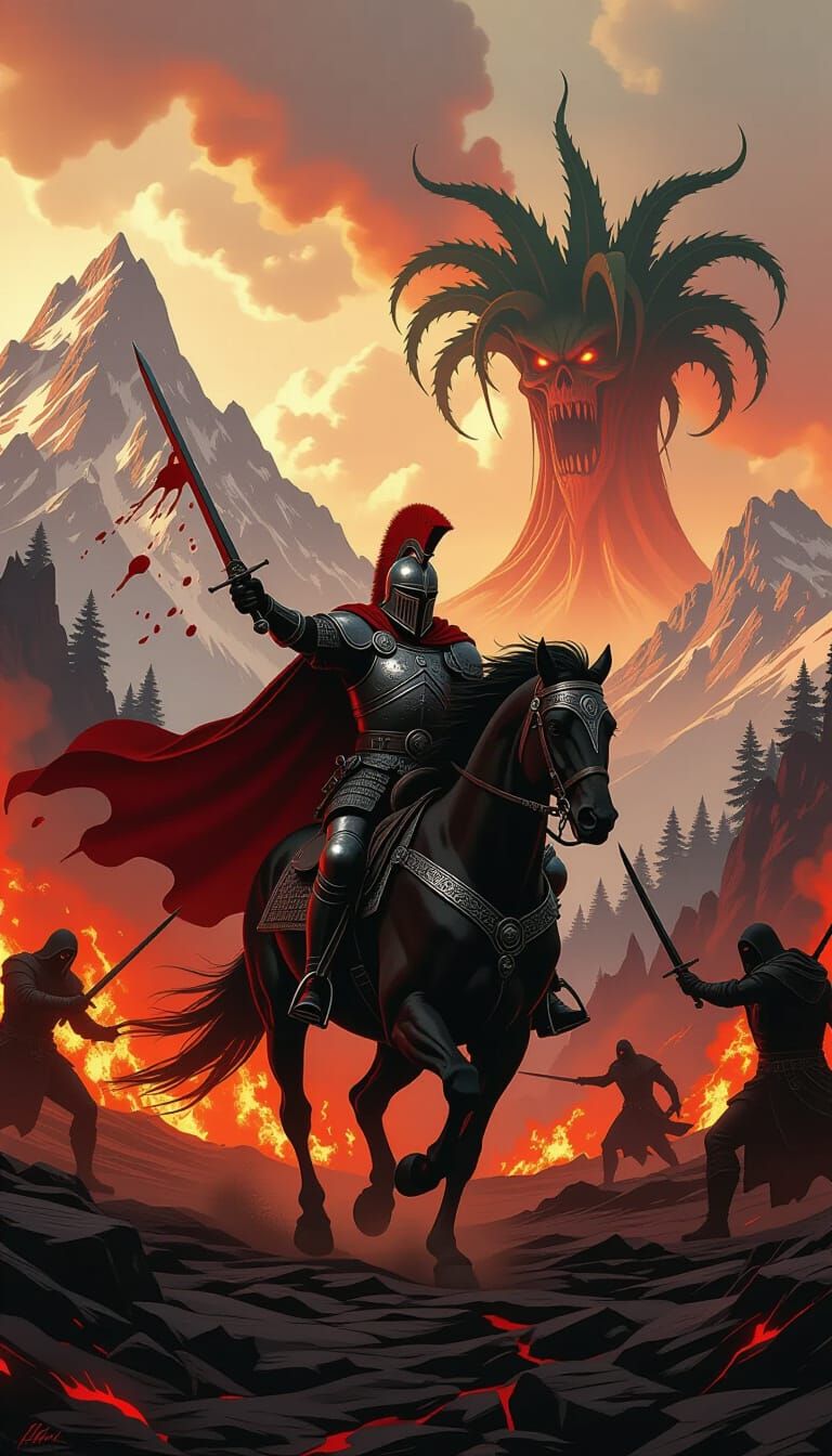 Apocalyptic Horseman War Charging Through a Fiery Landscape