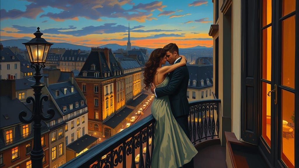 Passionate Embrace on Parisian Balcony at Twilight