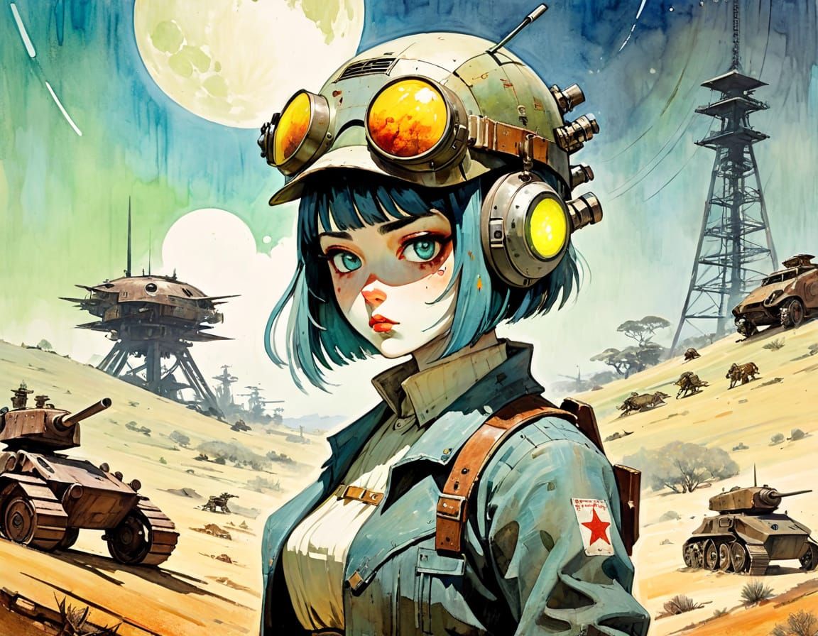 Atompunk Goddess in Solarpunk Landscape