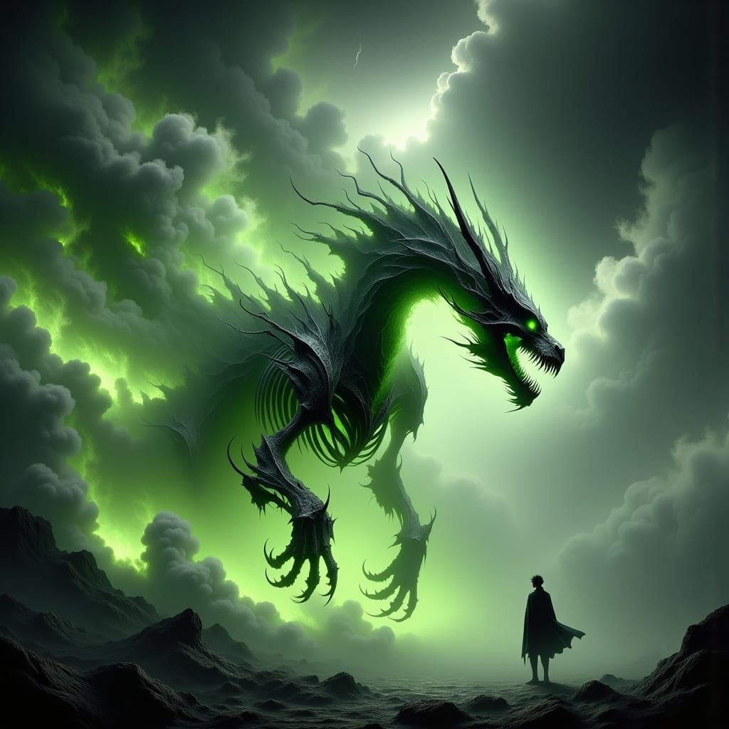 Dragon Skeleton Emerges from Green Fire in Digital Art
