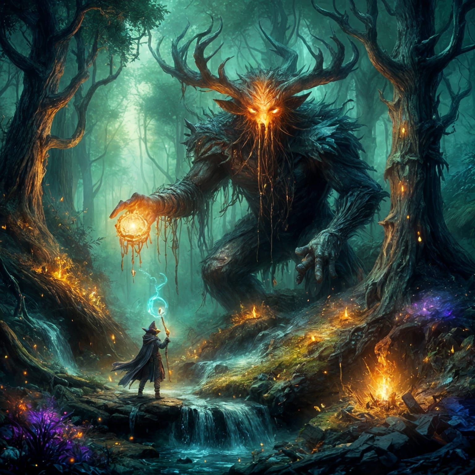 Mage Casting Spell in Pixelated Forest, Oil and Grunge