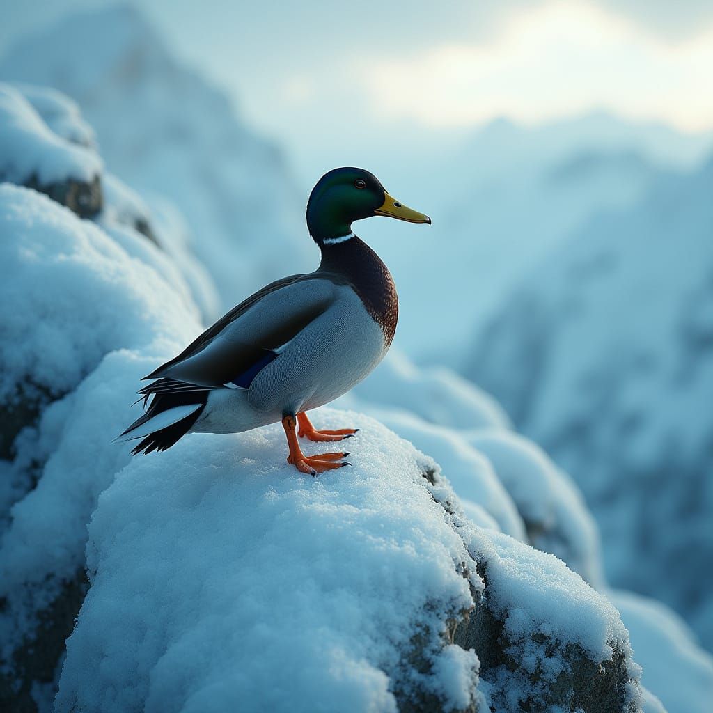Icy Duck Climbs Snowy Mountain: Cinematic Style