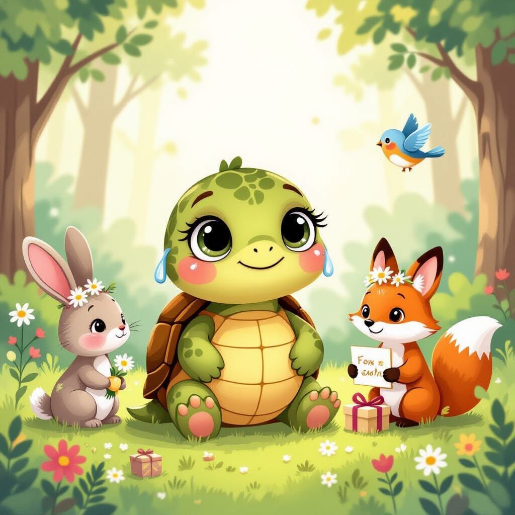 Turtle Receives Love in Watercolor Forest Glade