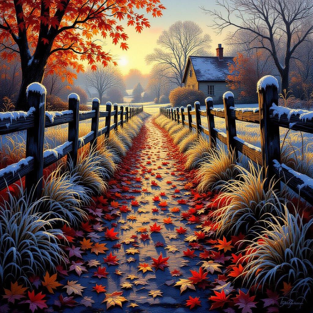 Autumn Village Path with Frost in Evening Light