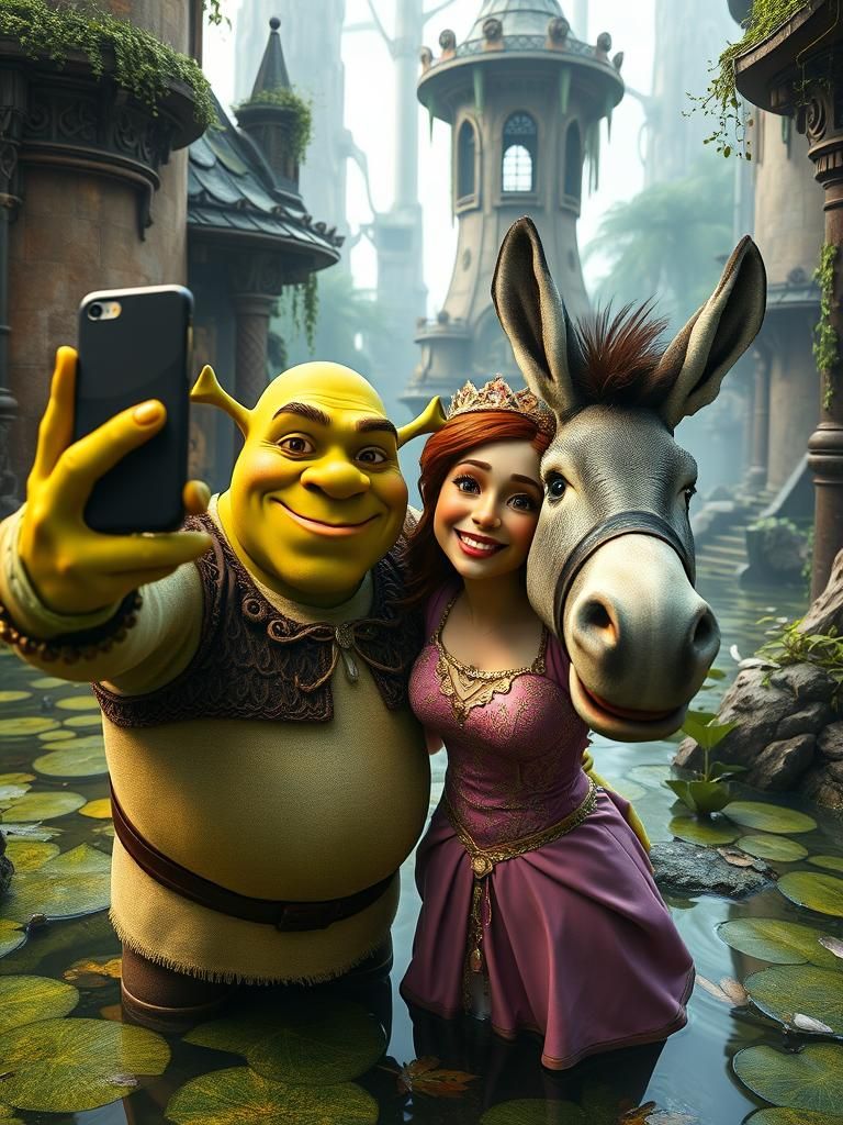 Shrek, Fiona, and Donkey Photobomb in Swamp